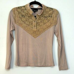 🌞 Lynn Ritchie vintage 80s romantic tan long sleeve silk blend & lace blouse S